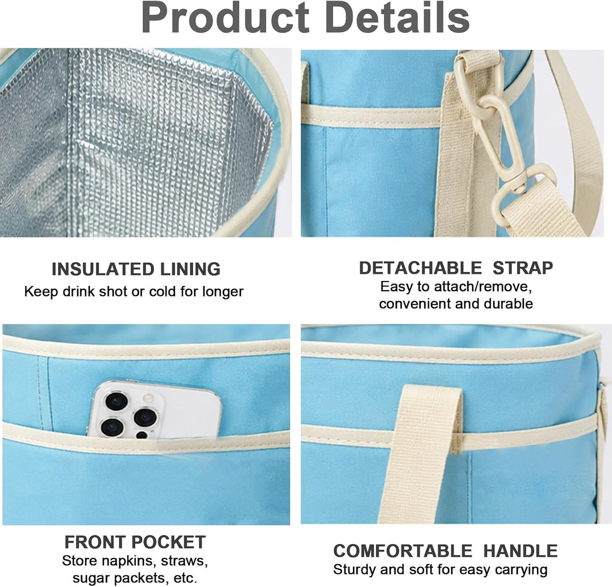 4 Compartment Insulated Drink Carrier Bag for 4 Cups Drink Holder Bag, Multiple Tumbler Carrier Caddy Tote Bag, Water Bottle Holder with Adjustable Strap, Drink Bag for Travel, Picnic, Sports