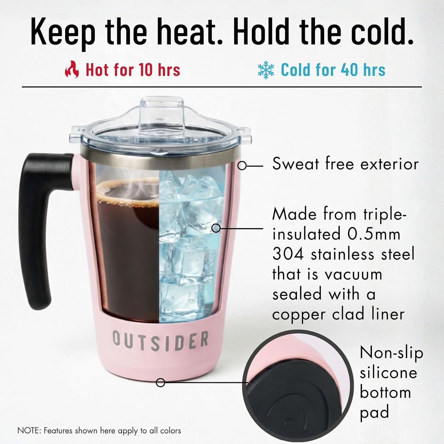 The AM 17 oz Stainless Steel Vacuum Insulated Coffee Mug with 180° Rotating Swivel Handle and Lockable Spill Proof Lid – Travel Tumbler for Outdoor, Home & Office - Pink