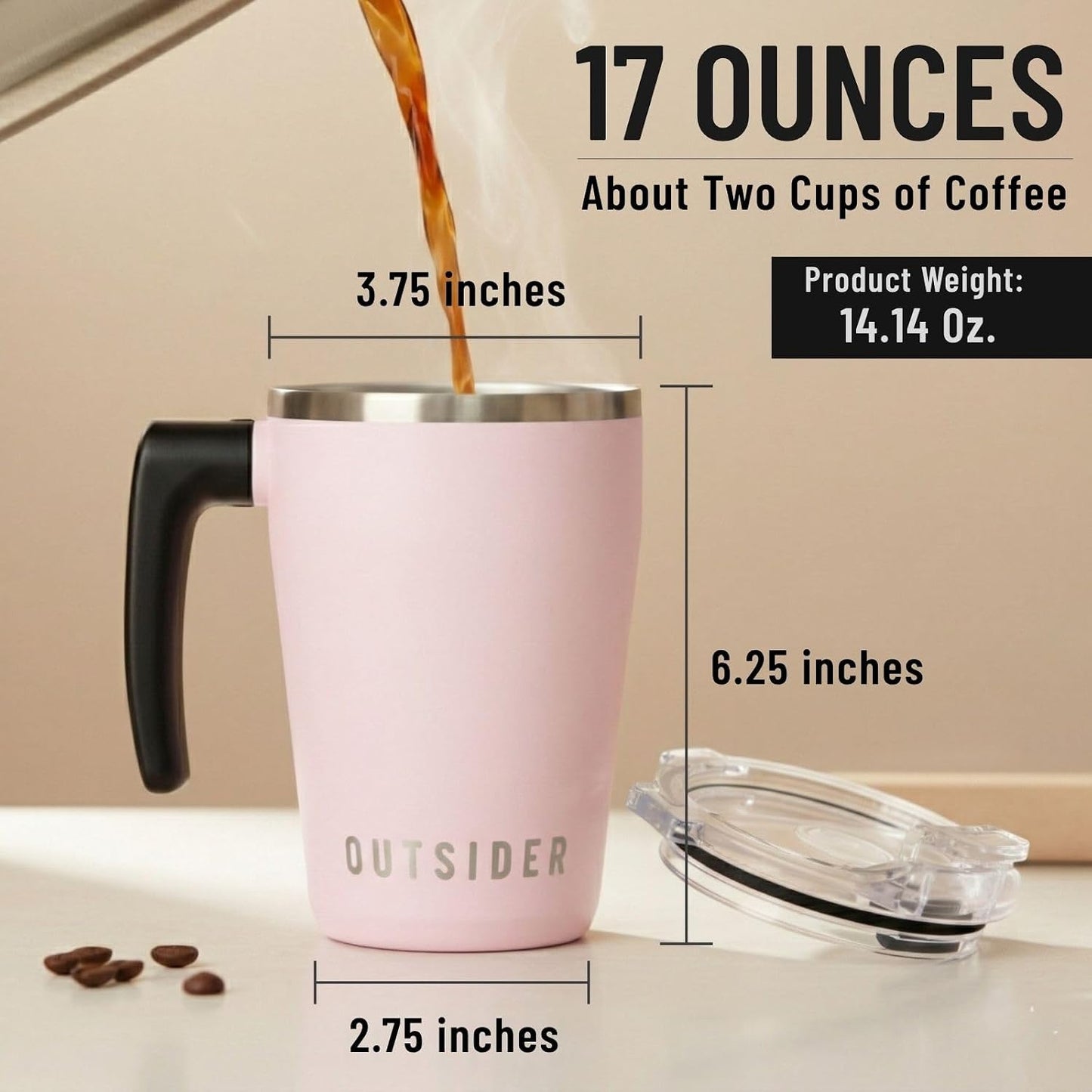 The AM 17 oz Stainless Steel Vacuum Insulated Coffee Mug with 180° Rotating Swivel Handle and Lockable Spill Proof Lid – Travel Tumbler for Outdoor, Home & Office - Pink