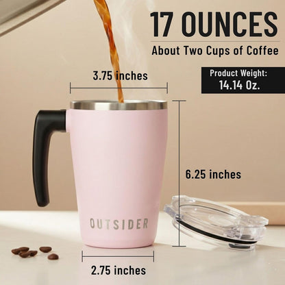 The AM 17 oz Stainless Steel Vacuum Insulated Coffee Mug with 180° Rotating Swivel Handle and Lockable Spill Proof Lid – Travel Tumbler for Outdoor, Home & Office - Pink