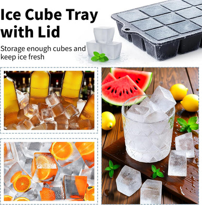 Silicone Ice Cube Tray, Ice Cube Mold, Ice Trays for Freezer with Lid for Whiskey, Cocktail, Drinks and Food, Freezer, BPA Free, Easy Release