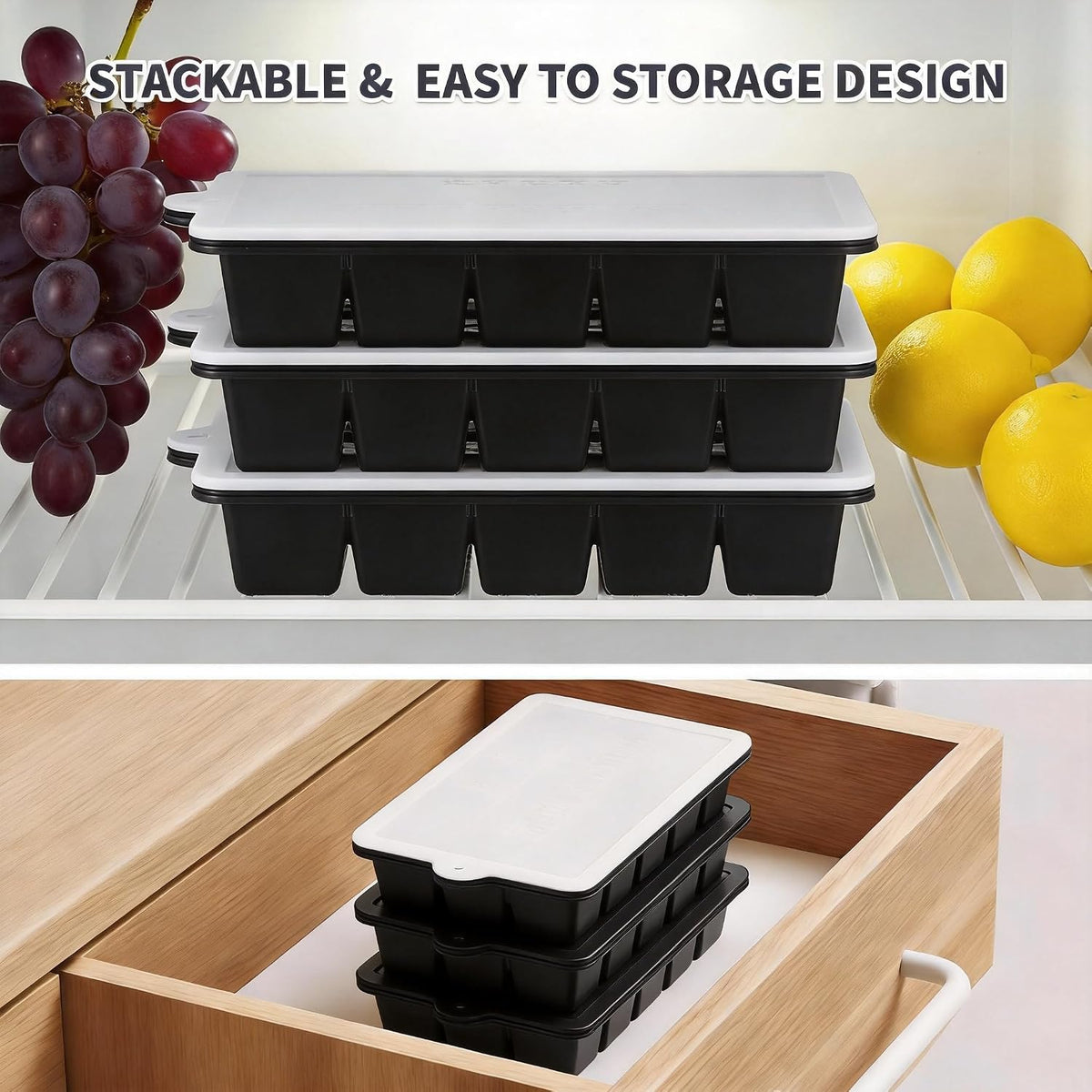 Silicone Ice Cube Tray, Ice Cube Mold, Ice Trays for Freezer with Lid for Whiskey, Cocktail, Drinks and Food, Freezer, BPA Free, Easy Release