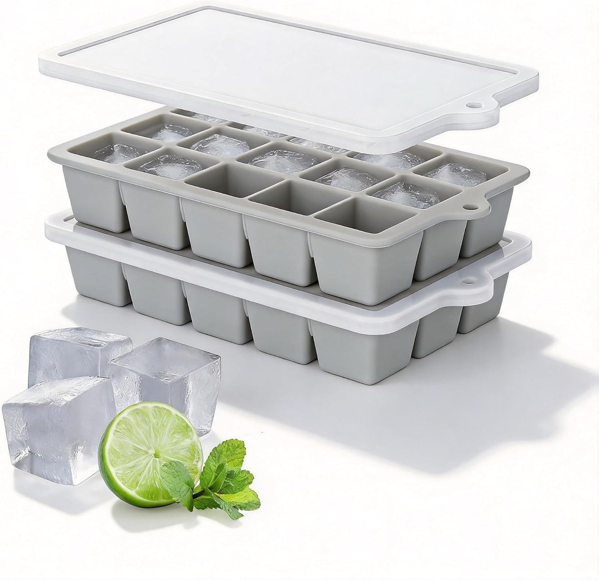 Silicone Ice Cube Tray, Ice Cube Mold, Ice Trays for Freezer with Lid for Whiskey, Cocktail, Drinks and Food, Freezer, BPA Free, Easy Release