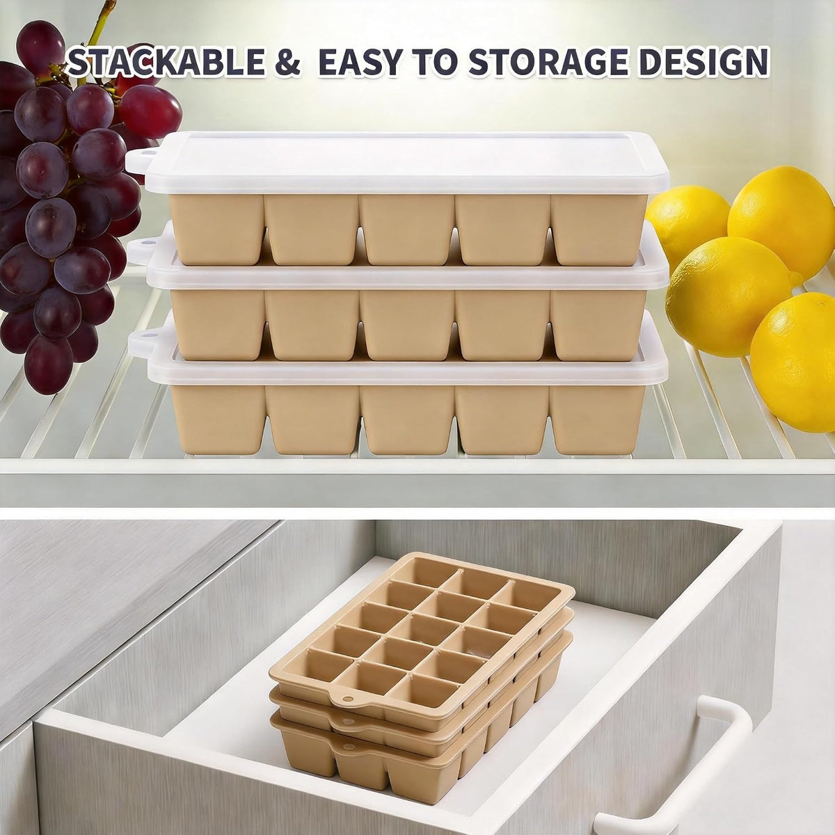 Silicone Ice Cube Tray, Ice Cube Mold, Ice Trays for Freezer with Lid for Whiskey, Cocktail, Drinks and Food, Freezer, BPA Free, Easy Release