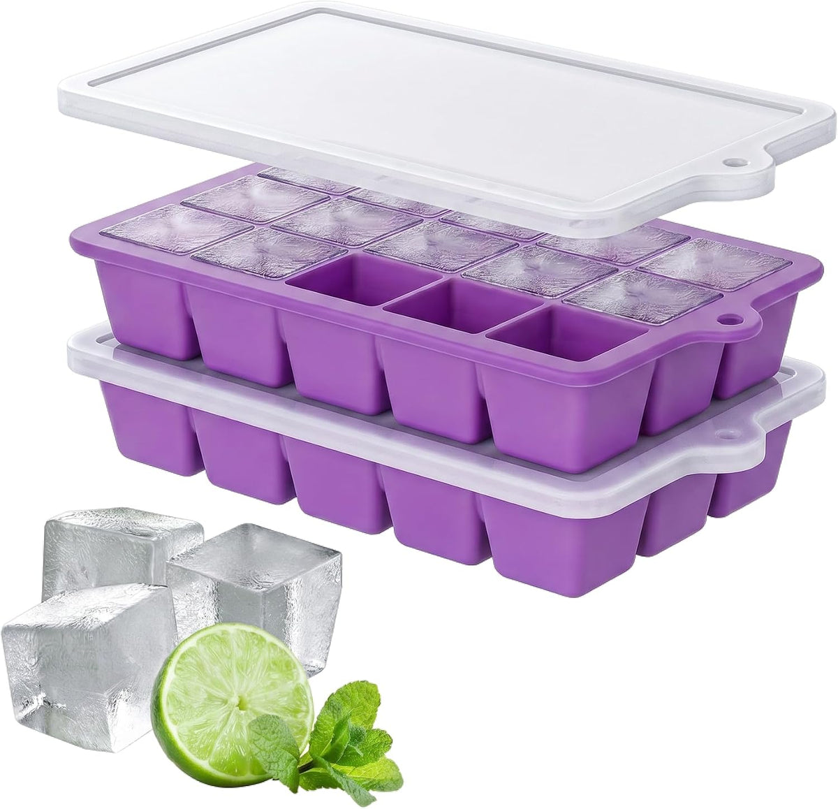 Silicone Ice Cube Tray, Ice Cube Mold, Ice Trays for Freezer with Lid for Whiskey, Cocktail, Drinks and Food, Freezer, BPA Free, Easy Release
