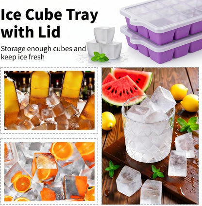 Silicone Ice Cube Tray, Ice Cube Mold, Ice Trays for Freezer with Lid for Whiskey, Cocktail, Drinks and Food, Freezer, BPA Free, Easy Release
