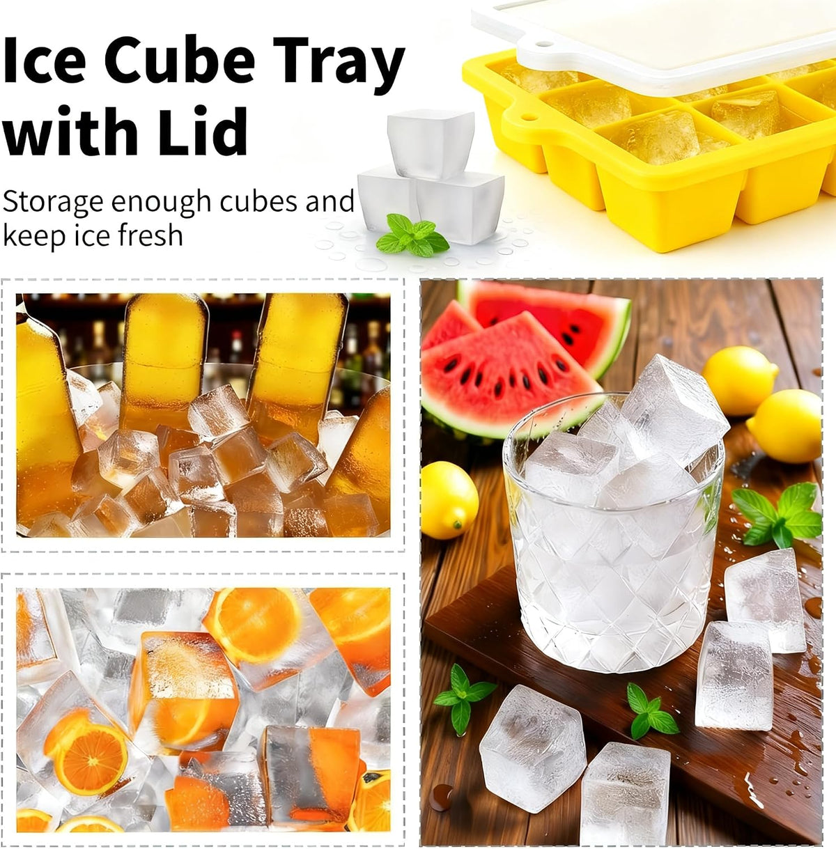 Silicone Ice Cube Tray, Ice Cube Mold, Ice Trays for Freezer with Lid for Whiskey, Cocktail, Drinks and Food, Freezer, BPA Free, Easy Release