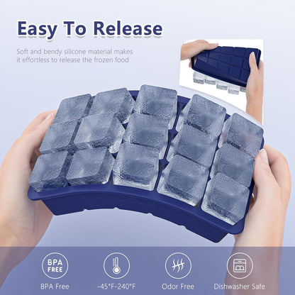 Silicone Ice Cube Tray, Ice Cube Mold, Ice Trays for Freezer with Lid for Whiskey, Cocktail, Drinks and Food, Freezer, BPA Free, Easy Release