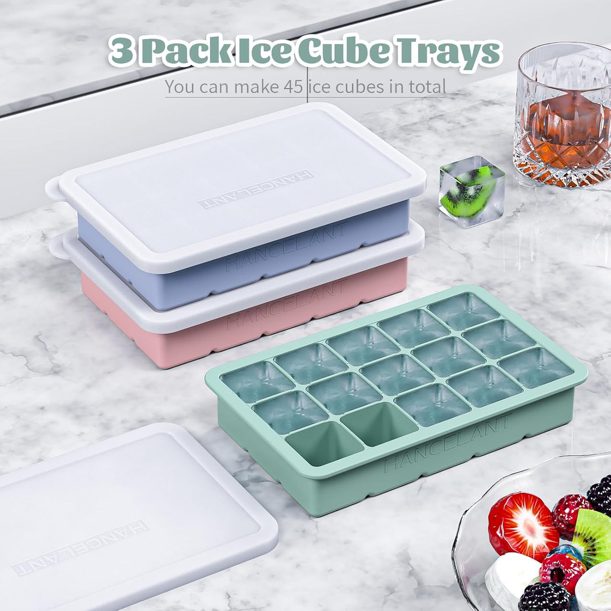 Silicone Ice Cube Tray, Ice Cube Mold, Ice Trays for Freezer with Lid for Whiskey, Cocktail, Drinks and Food, Freezer, BPA Free, Easy Release