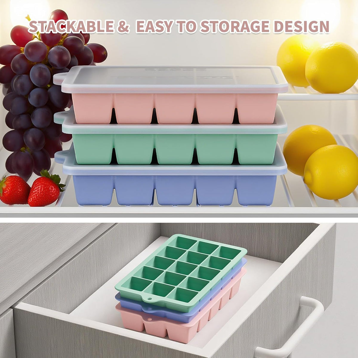 Silicone Ice Cube Tray, Ice Cube Mold, Ice Trays for Freezer with Lid for Whiskey, Cocktail, Drinks and Food, Freezer, BPA Free, Easy Release