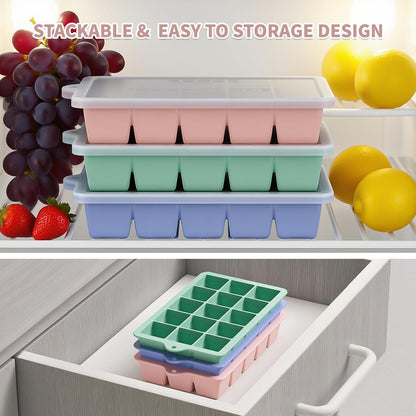 Silicone Ice Cube Tray, Ice Cube Mold, Ice Trays for Freezer with Lid for Whiskey, Cocktail, Drinks and Food, Freezer, BPA Free, Easy Release