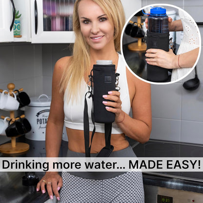 Insulated Water Bottle Carrier – Neoprene Bottle Sling - Adjustable Strap – Protective Sleeve Stainless Steel & Plastic – Travel, Hiking & Everyday (Black, Medium 16-22oz)
