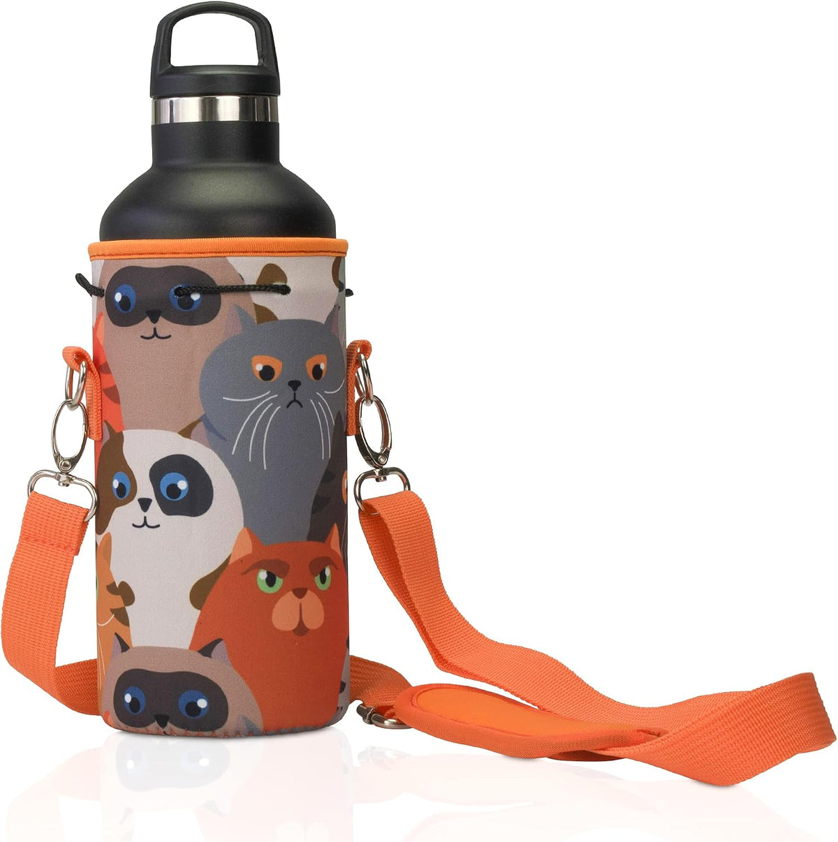 Insulated Water Bottle Carrier – Neoprene Bottle Sling - Adjustable Strap – Protective Sleeve Stainless Steel & Plastic – Travel, Hiking & Everyday (Black, Medium 16-22oz)