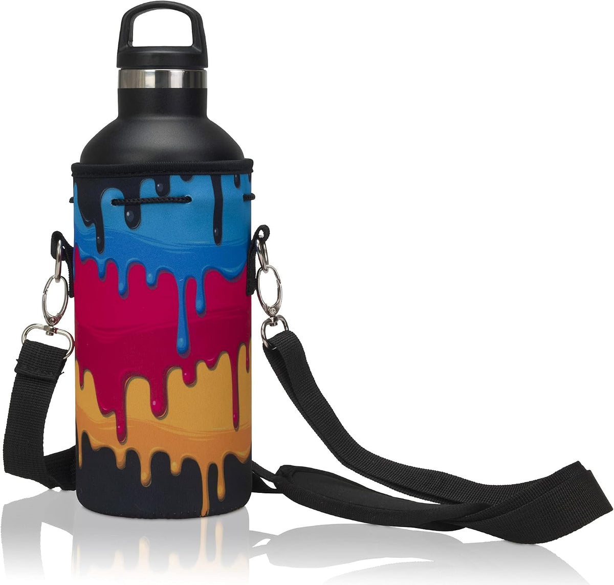 Insulated Water Bottle Carrier – Neoprene Bottle Sling - Adjustable Strap – Protective Sleeve Stainless Steel & Plastic – Travel, Hiking & Everyday (Black, Medium 16-22oz)