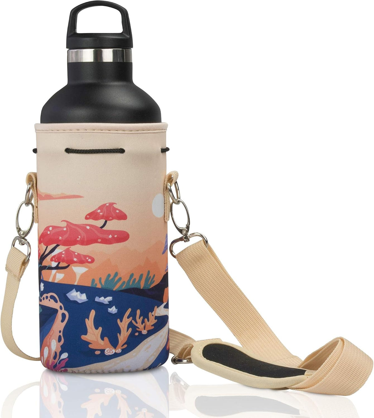 Insulated Water Bottle Carrier – Neoprene Bottle Sling - Adjustable Strap – Protective Sleeve Stainless Steel & Plastic – Travel, Hiking & Everyday (Black, Medium 16-22oz)