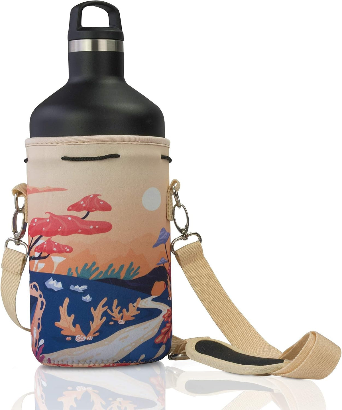 Insulated Water Bottle Carrier – Neoprene Bottle Sling - Adjustable Strap – Protective Sleeve Stainless Steel & Plastic – Travel, Hiking & Everyday (Black, Medium 16-22oz)