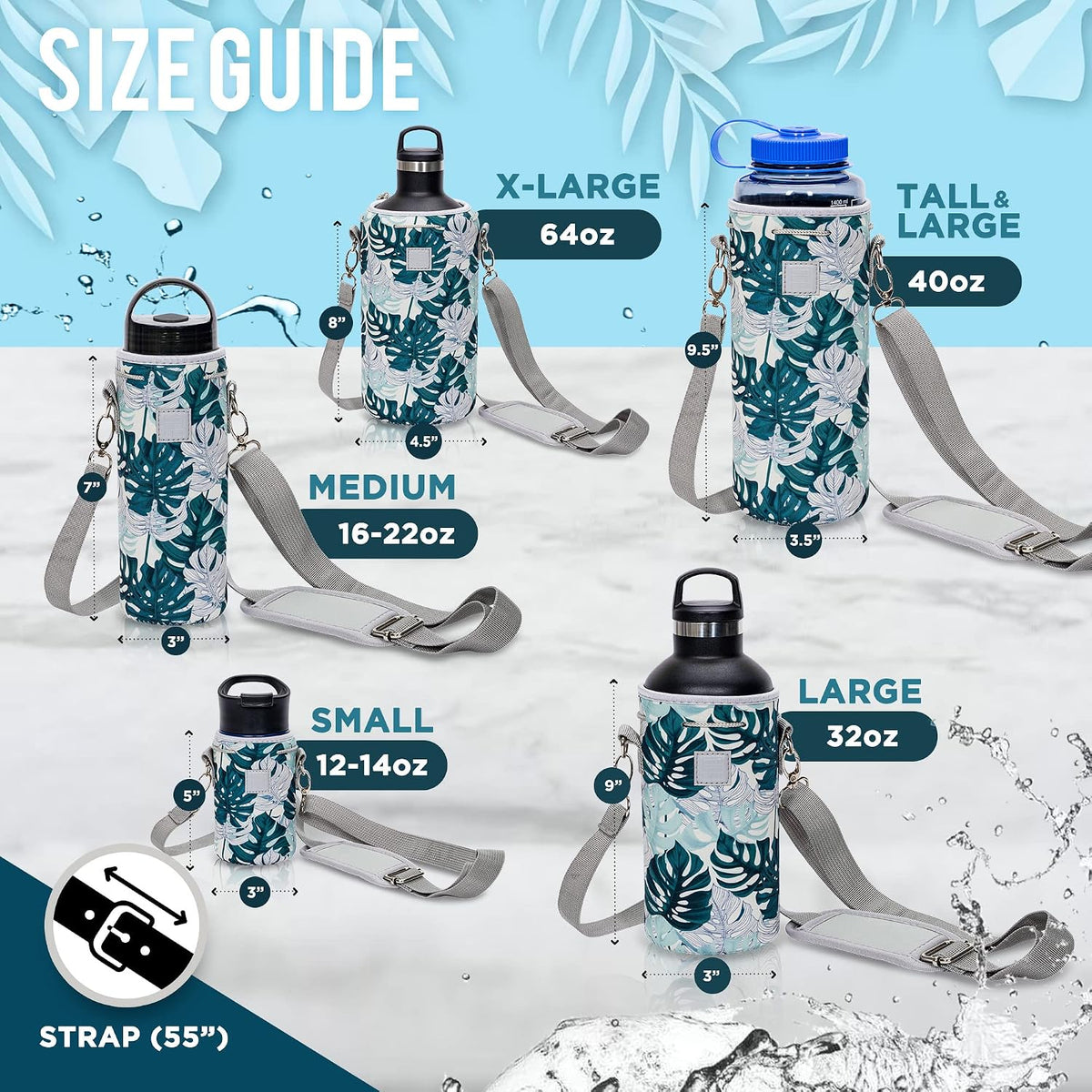Insulated Water Bottle Carrier – Neoprene Bottle Sling - Adjustable Strap – Protective Sleeve Stainless Steel & Plastic – Travel, Hiking & Everyday (Black, Medium 16-22oz)