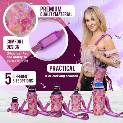 Insulated Water Bottle Carrier – Neoprene Bottle Sling - Adjustable Strap – Protective Sleeve Stainless Steel & Plastic – Travel, Hiking & Everyday (Black, Medium 16-22oz)