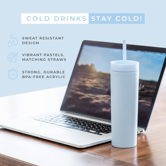 Periwinkle Skinny Tumblers with Lids and Straws (12 pack) - 16oz Double Wall Acrylic Tumbler, Tall Matte Skinny Tumblers, Bulk with Free Straw Cleaner, Reusable Cups