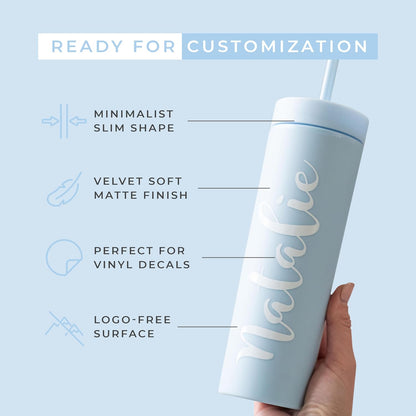Periwinkle Skinny Tumblers with Lids and Straws (12 pack) - 16oz Double Wall Acrylic Tumbler, Tall Matte Skinny Tumblers, Bulk with Free Straw Cleaner, Reusable Cups