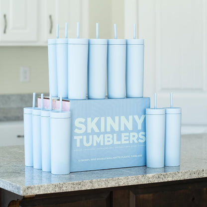 Periwinkle Skinny Tumblers with Lids and Straws (12 pack) - 16oz Double Wall Acrylic Tumbler, Tall Matte Skinny Tumblers, Bulk with Free Straw Cleaner, Reusable Cups