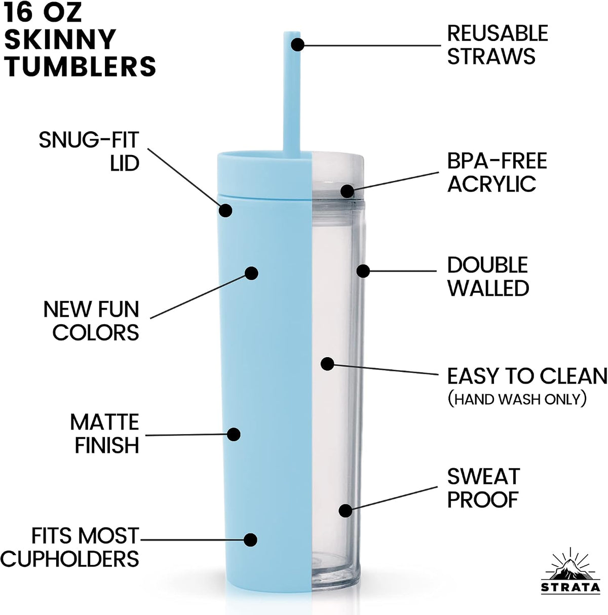 Periwinkle Skinny Tumblers with Lids and Straws (12 pack) - 16oz Double Wall Acrylic Tumbler, Tall Matte Skinny Tumblers, Bulk with Free Straw Cleaner, Reusable Cups