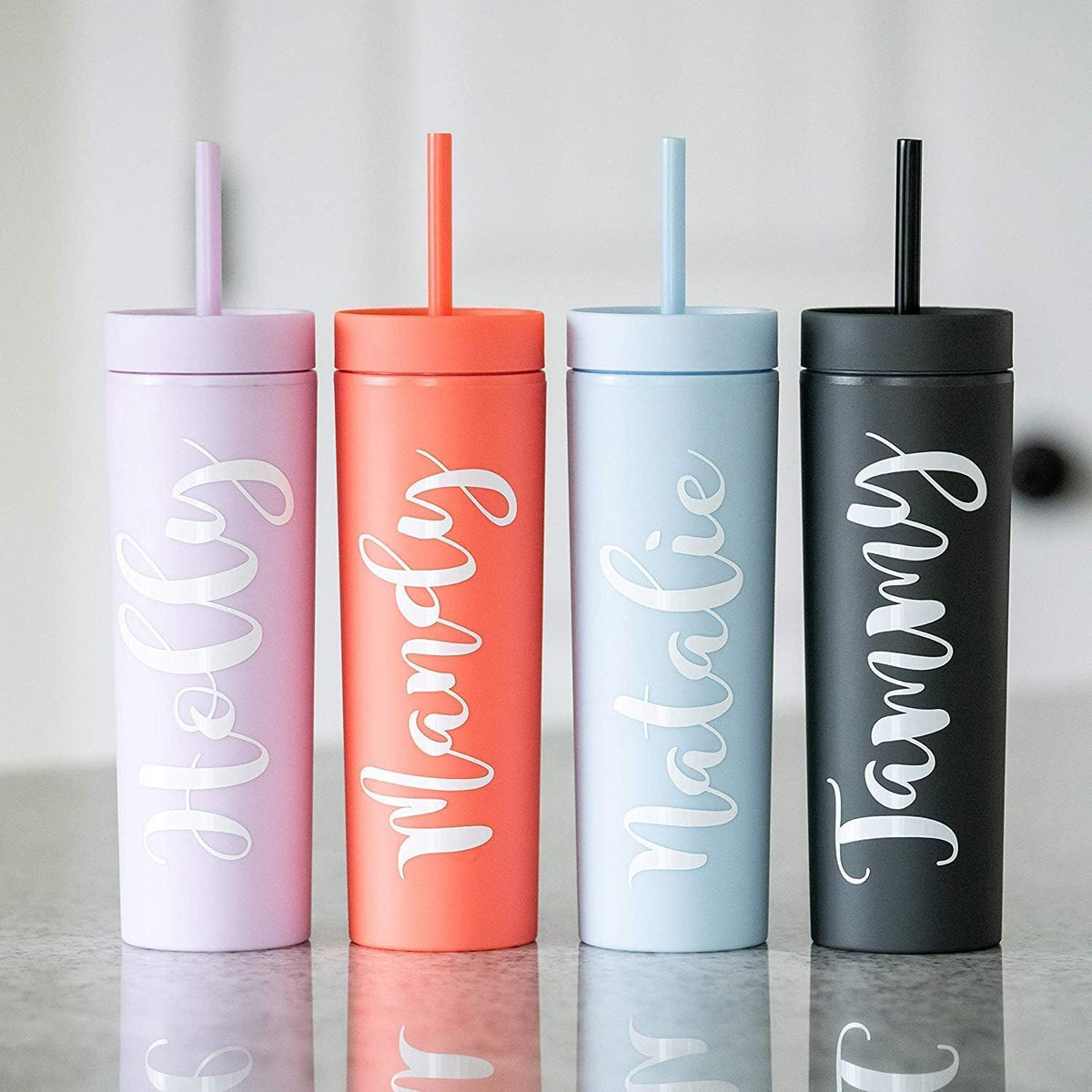 Periwinkle Skinny Tumblers with Lids and Straws (12 pack) - 16oz Double Wall Acrylic Tumbler, Tall Matte Skinny Tumblers, Bulk with Free Straw Cleaner, Reusable Cups