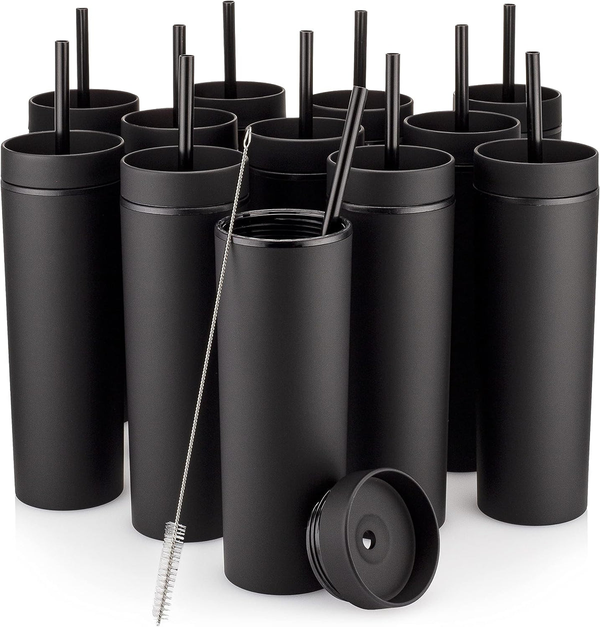 Periwinkle Skinny Tumblers with Lids and Straws (12 pack) - 16oz Double Wall Acrylic Tumbler, Tall Matte Skinny Tumblers, Bulk with Free Straw Cleaner, Reusable Cups