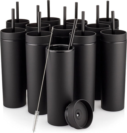 Periwinkle Skinny Tumblers with Lids and Straws (12 pack) - 16oz Double Wall Acrylic Tumbler, Tall Matte Skinny Tumblers, Bulk with Free Straw Cleaner, Reusable Cups