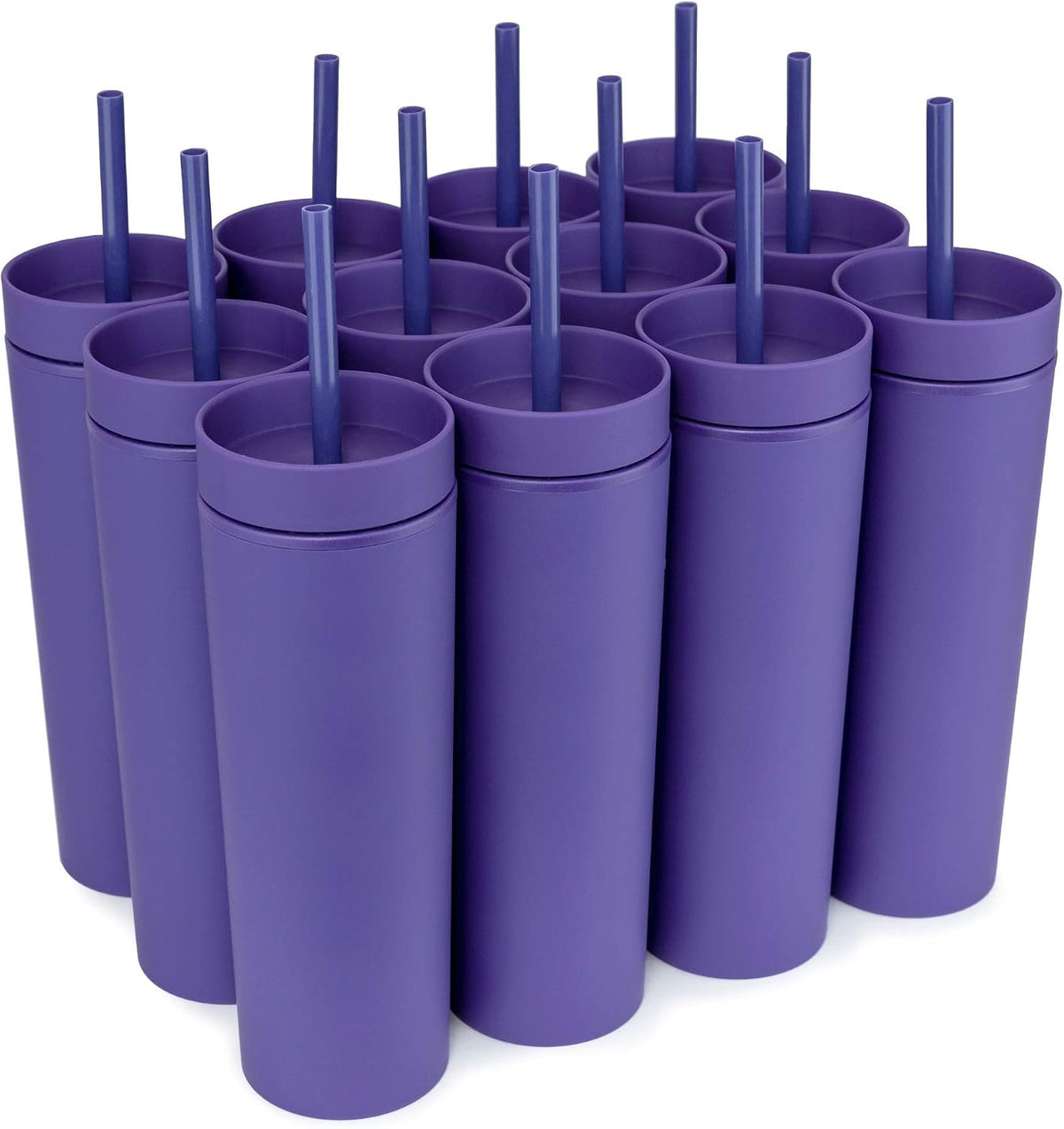 Periwinkle Skinny Tumblers with Lids and Straws (12 pack) - 16oz Double Wall Acrylic Tumbler, Tall Matte Skinny Tumblers, Bulk with Free Straw Cleaner, Reusable Cups