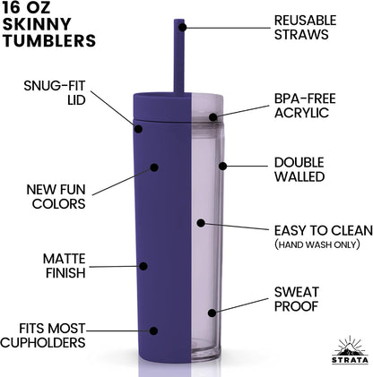 Periwinkle Skinny Tumblers with Lids and Straws (12 pack) - 16oz Double Wall Acrylic Tumbler, Tall Matte Skinny Tumblers, Bulk with Free Straw Cleaner, Reusable Cups