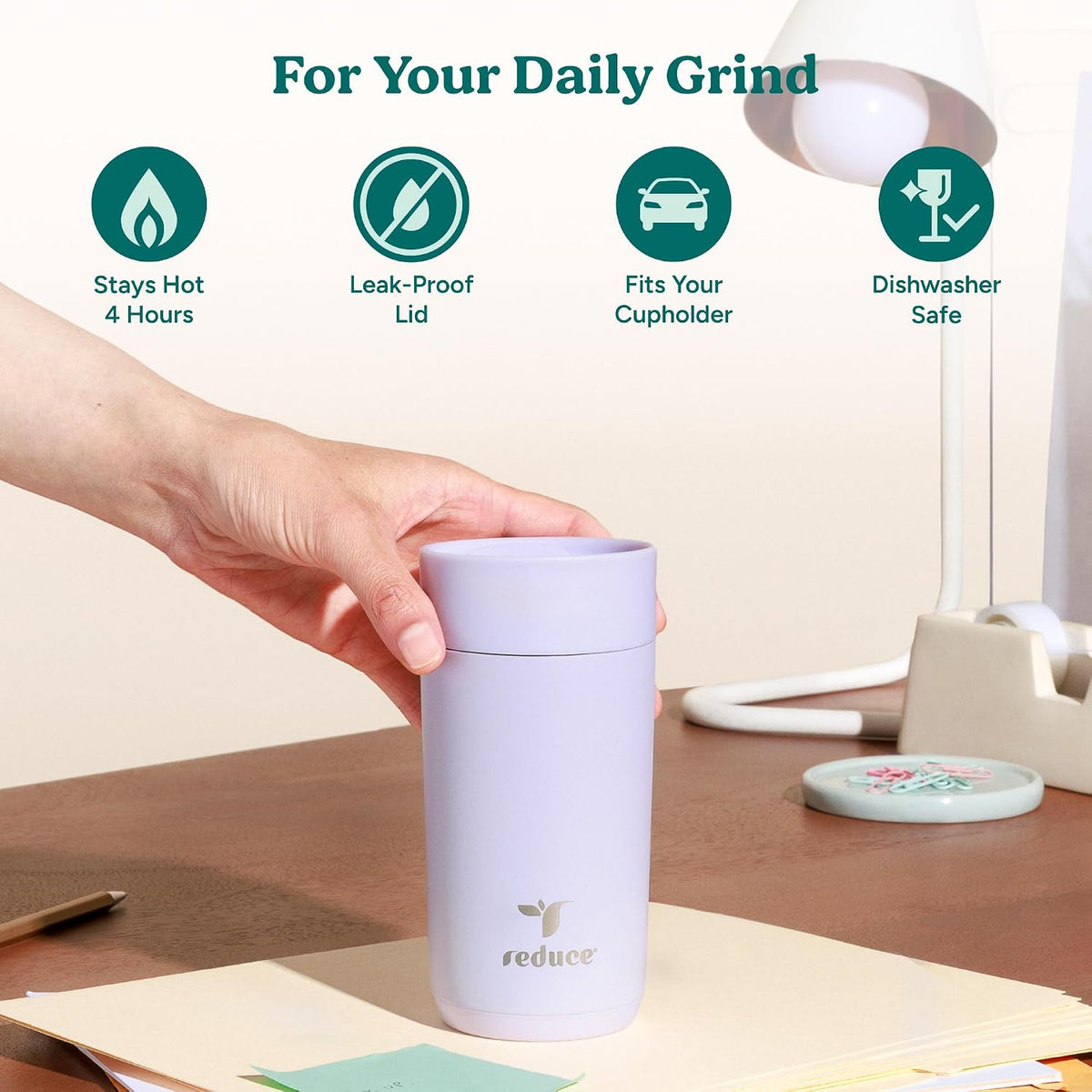Perk 10oz Insulated Coffee Tumbler – Leak-Proof with Lockable Lid and Vacuum Insulation–Durable Stainless Steel–Fits Car Cup Holders–One-Handed Travel Mug in Sand Leopard Print-Gentle Lavender