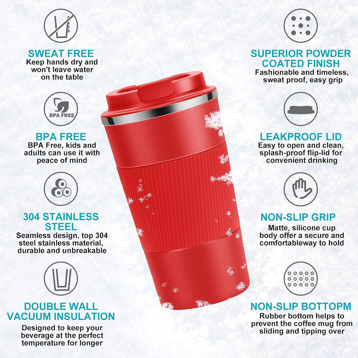 12oz Travel Coffee Cups Insulated Tumbler Thermal Mug to Go with Lid Leak Proof Reusable Stainless Steel Coffee Mug Spill Proof for Hot and Iced Cold Drinks (Red, 380ml)