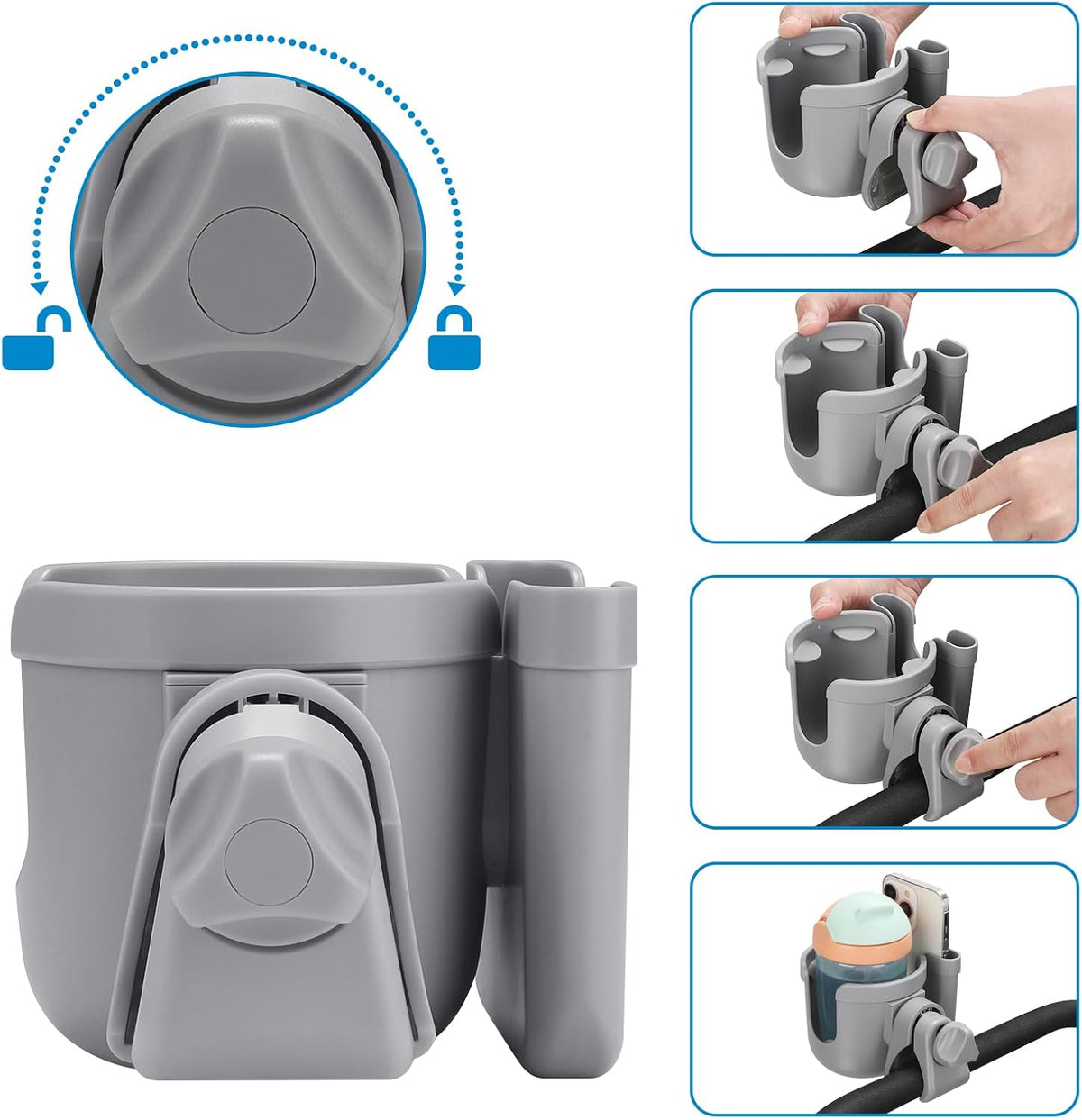 Stroller Cup Holder with Phone Holder, Bike Cup Holder, Universal Cup Holder for Uppababy Nuna Strollers, 2-in-1 Drinks Holder for Walker, Wheelchair, Scooter - Colors A