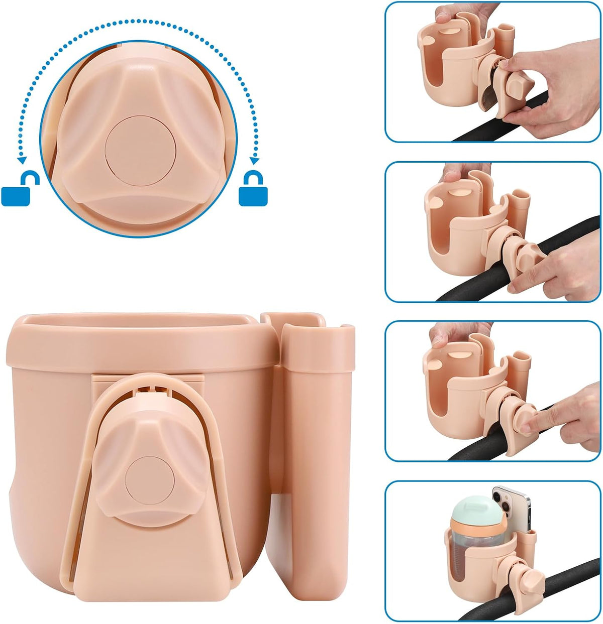 Stroller Cup Holder with Phone Holder, Bike Cup Holder, Universal Cup Holder for Uppababy Nuna Strollers, 2-in-1 Drinks Holder for Walker, Wheelchair, Scooter - Colors A