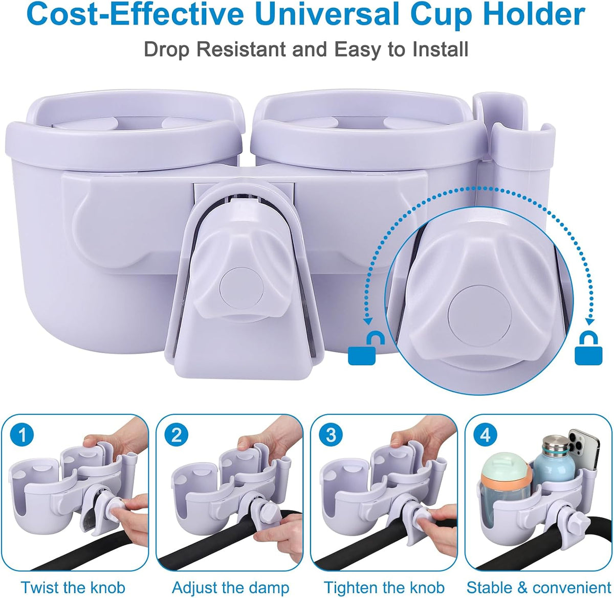 Stroller Cup Holder with Phone Holder, Bike Cup Holder, Universal Cup Holder for Uppababy Nuna Strollers, 2-in-1 Drinks Holder for Walker, Wheelchair, Scooter - Colors A