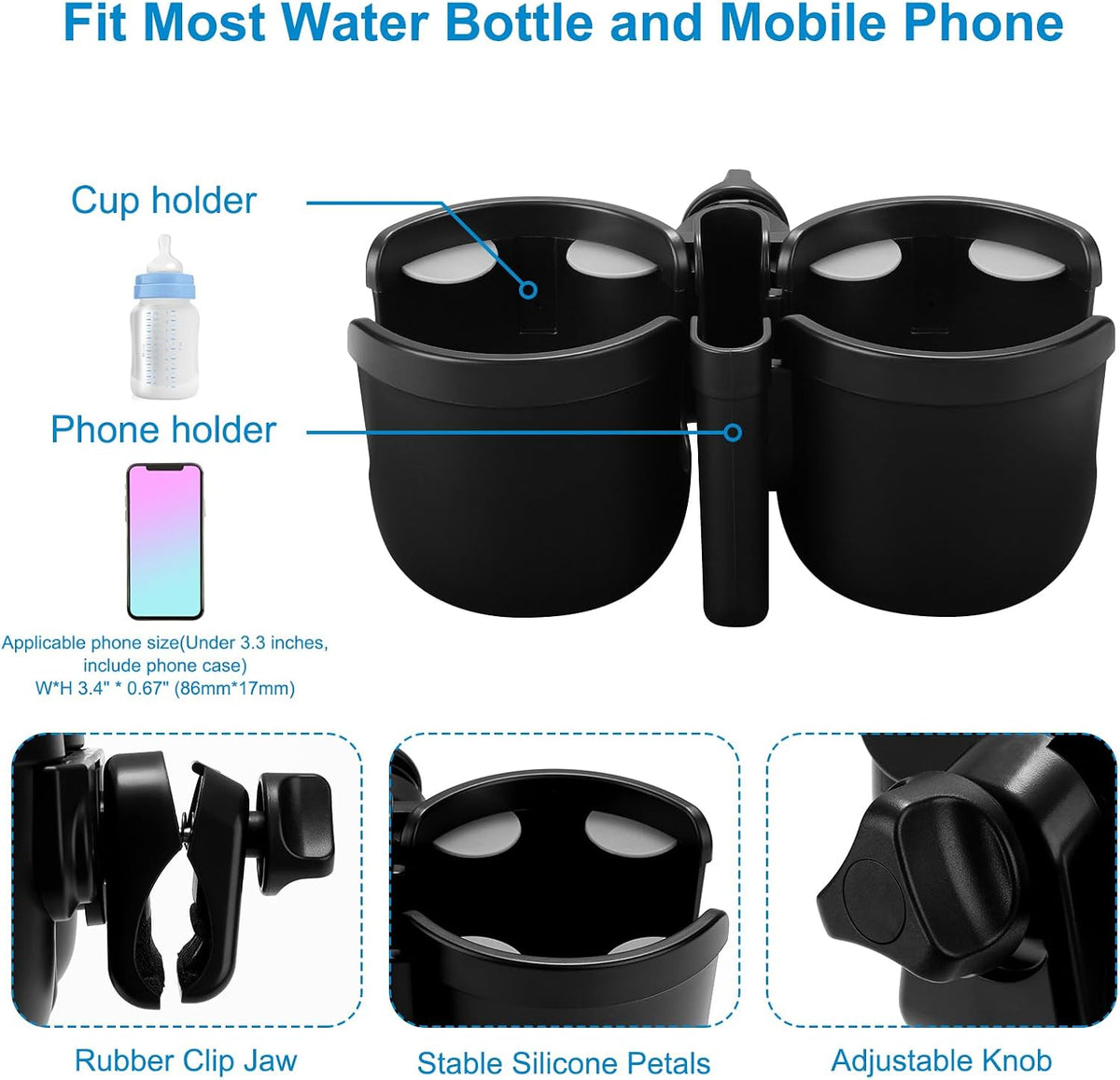 Stroller Cup Holder with Phone Holder, Bike Cup Holder, Universal Cup Holder for Uppababy Nuna Strollers, 2-in-1 Drinks Holder for Walker, Wheelchair, Scooter - Colors A