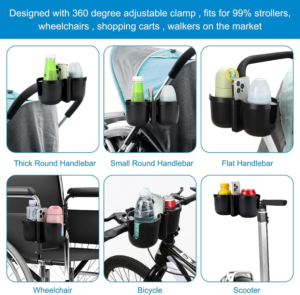 Stroller Cup Holder with Phone Holder, Bike Cup Holder, Universal Cup Holder for Uppababy Nuna Strollers, 2-in-1 Drinks Holder for Walker, Wheelchair, Scooter - Colors A