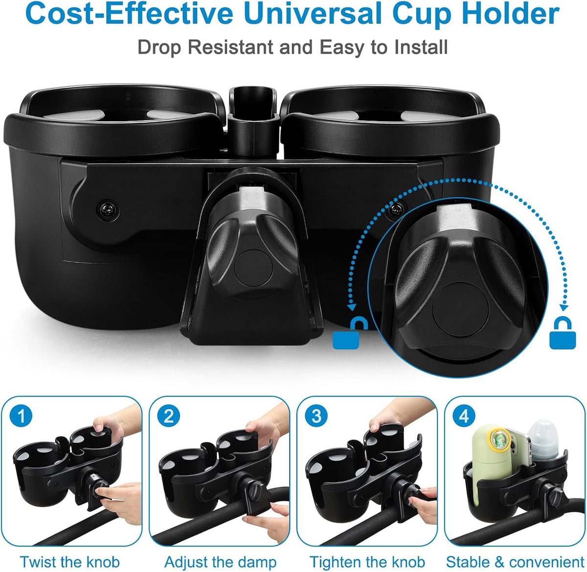 Stroller Cup Holder with Phone Holder, Bike Cup Holder, Universal Cup Holder for Uppababy Nuna Strollers, 2-in-1 Drinks Holder for Walker, Wheelchair, Scooter - Colors A