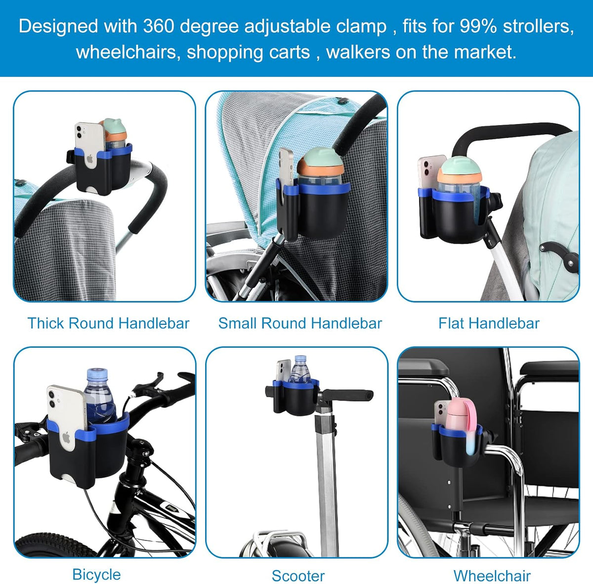 Stroller Cup Holder with Phone Holder, Bike Cup Holder, Universal Cup Holder for Uppababy Nuna Strollers, 2-in-1 Drinks Holder for Walker, Wheelchair, Scooter - Colors A