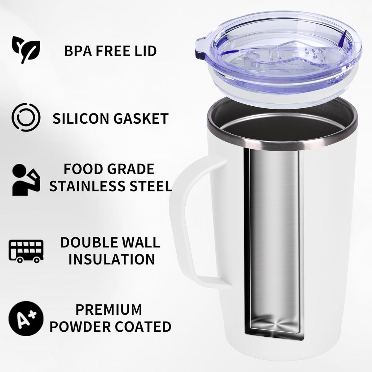 19oz Insulated Coffee Mug with Handle, Double Wall Vacuum Stainless Steel Travel Coffee Tumbler, White