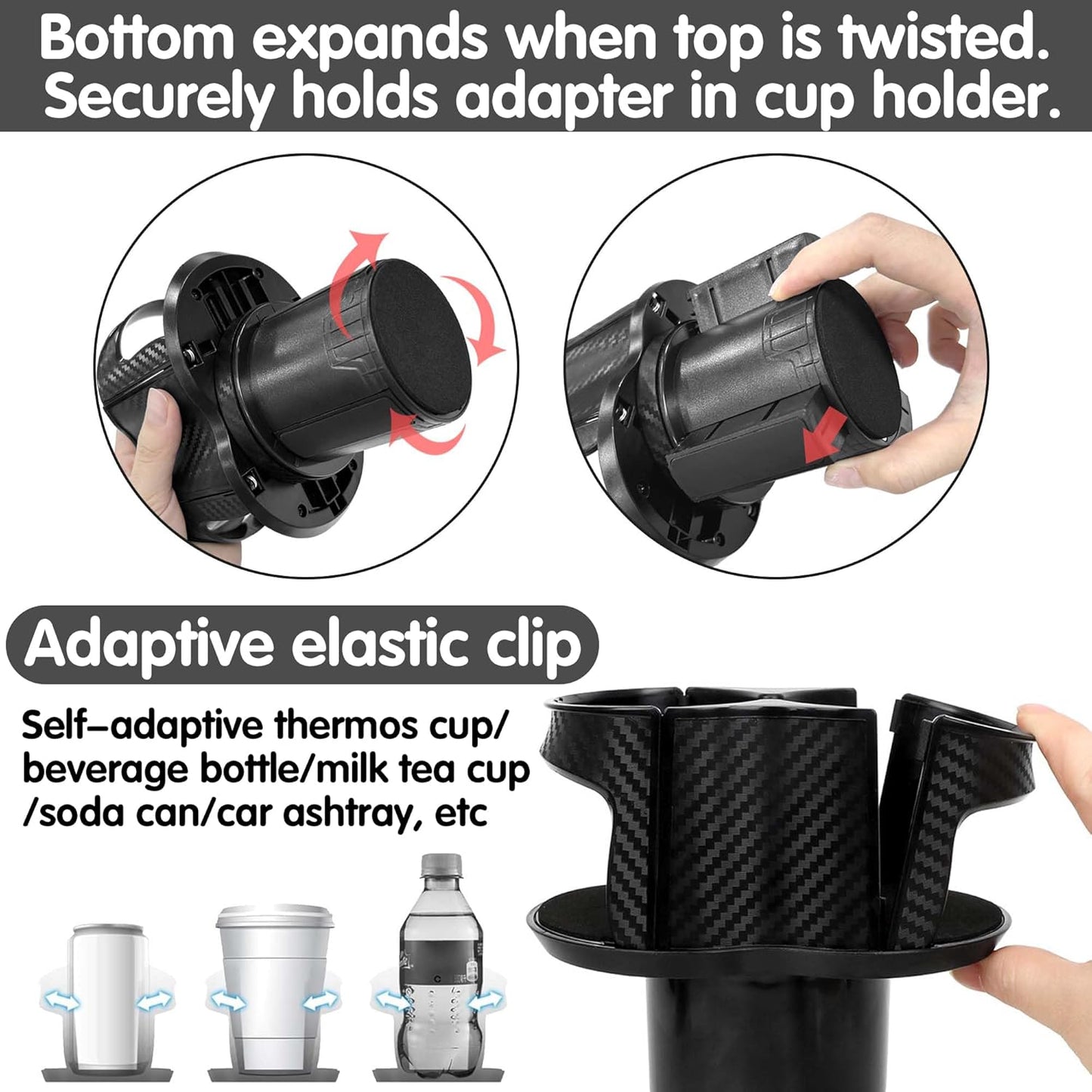2-in-1 Multifunctional Car Cup Holder Expander Adapter, Universal Double Cup Holder with Adjustable Bracket, Elastic Open-Close Mouth, Fits Most Hydro Flask Bottles and Cups