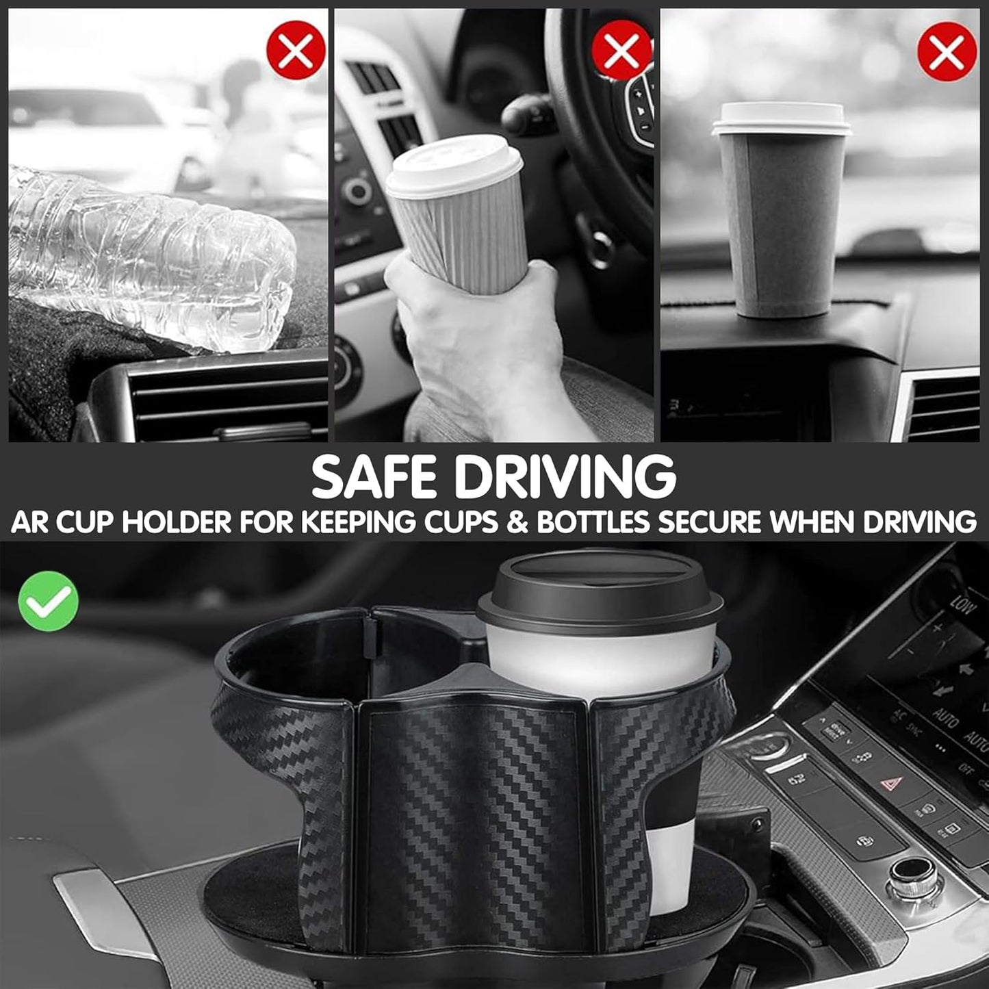 2-in-1 Multifunctional Car Cup Holder Expander Adapter, Universal Double Cup Holder with Adjustable Bracket, Elastic Open-Close Mouth, Fits Most Hydro Flask Bottles and Cups