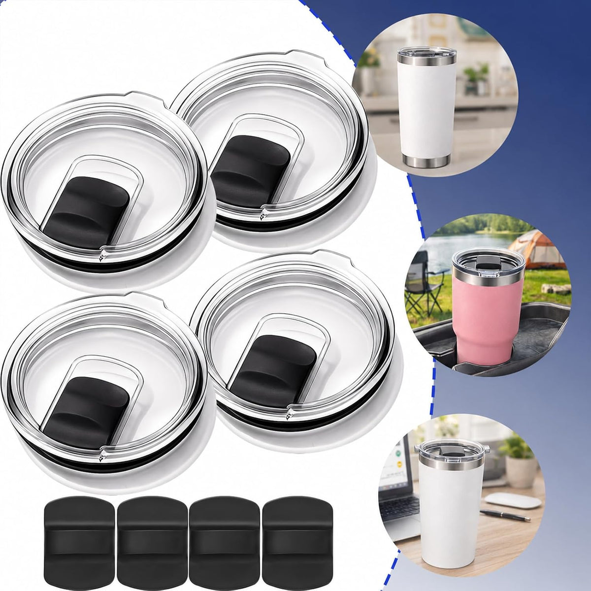 4 Pack Tumbler Lid Replacement for YETI 20oz Tumbler, BPA Free | For YETI 16 oz Pints, 10/24 oz Mugs and 10 oz Lowball, Spill Proof Magnetic Slider Lid Replacement