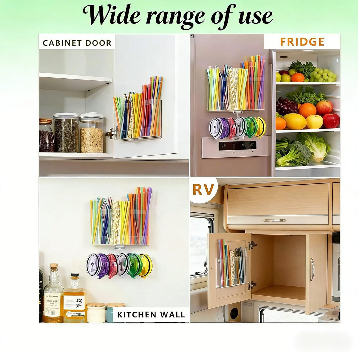 10''Acrylic Straw Holder for Cabinet Door with Tumbler Straw Organizer,Large Straw Storage with Washable Sticky Reusable Cup Lid Holder,Water Bottle Accessories Organizer for Kitchen(Clear)