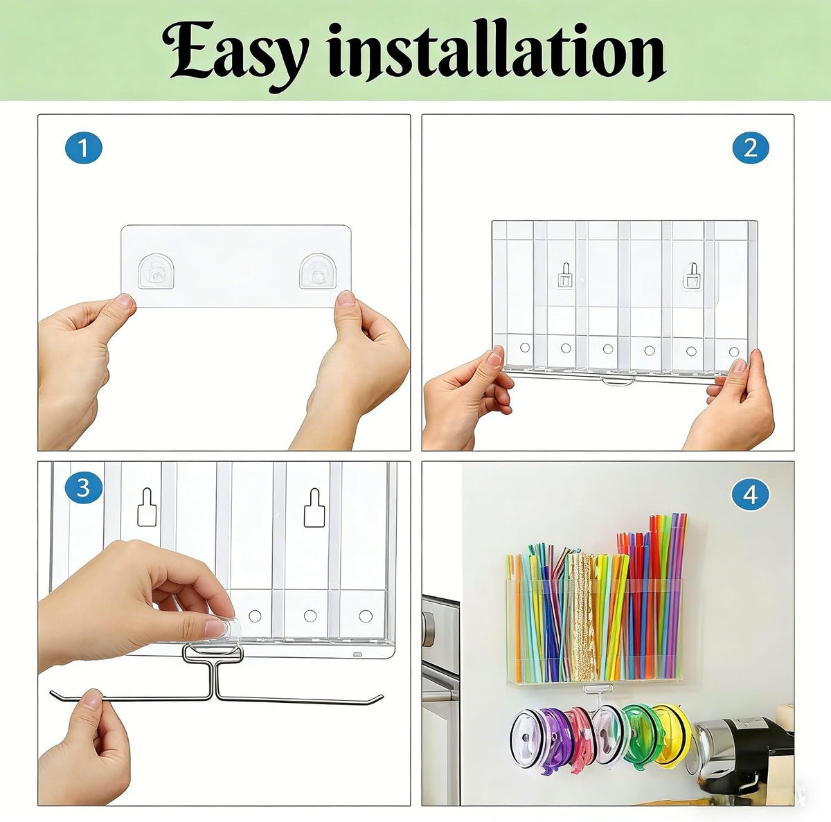 10''Acrylic Straw Holder for Cabinet Door with Tumbler Straw Organizer,Large Straw Storage with Washable Sticky Reusable Cup Lid Holder,Water Bottle Accessories Organizer for Kitchen(Clear)