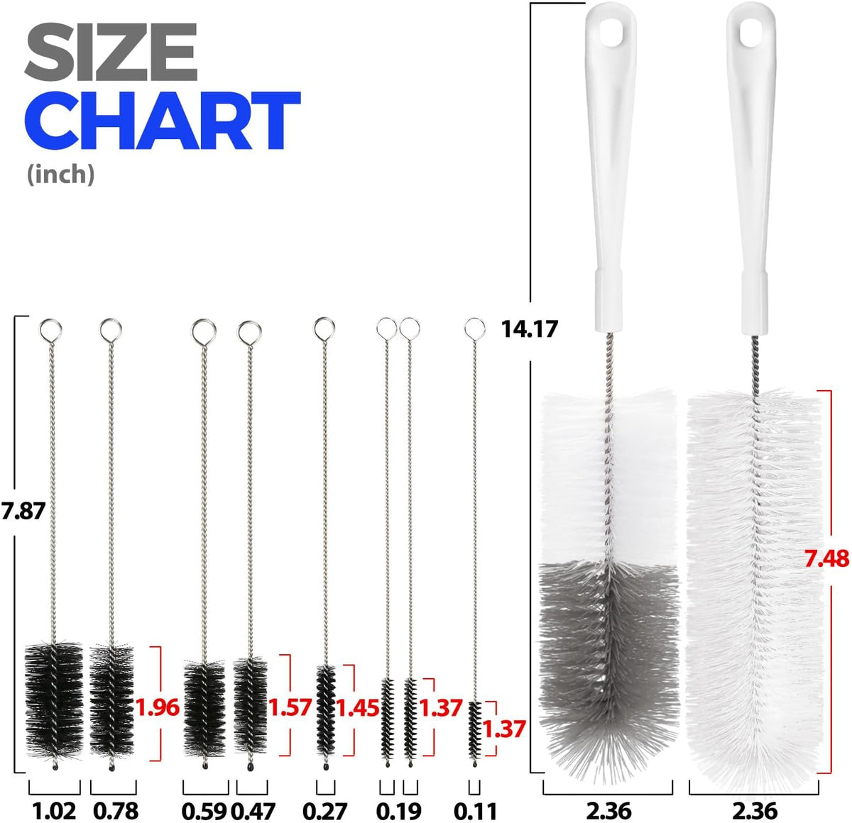 10 Pack Bottle Brush Set 15" Long Handle Cleaner Brush,White