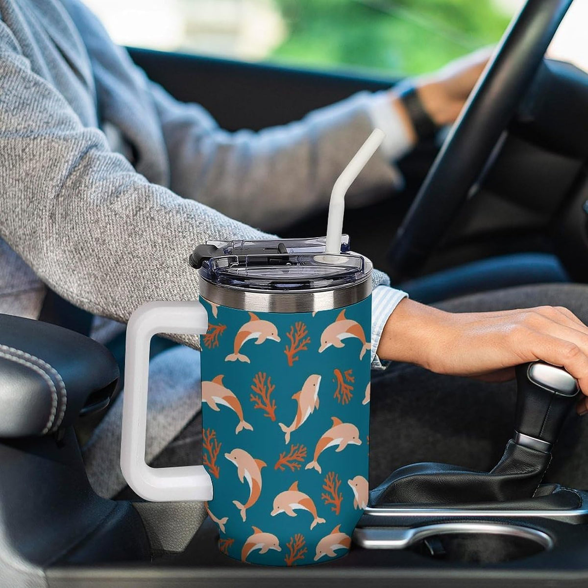 Leakproof Car Cup Vacuum Sealed With Lid For Office Crystal Clear Blue Water Ripple Print Drinkware Light Rose Red-style-5 - Colors C