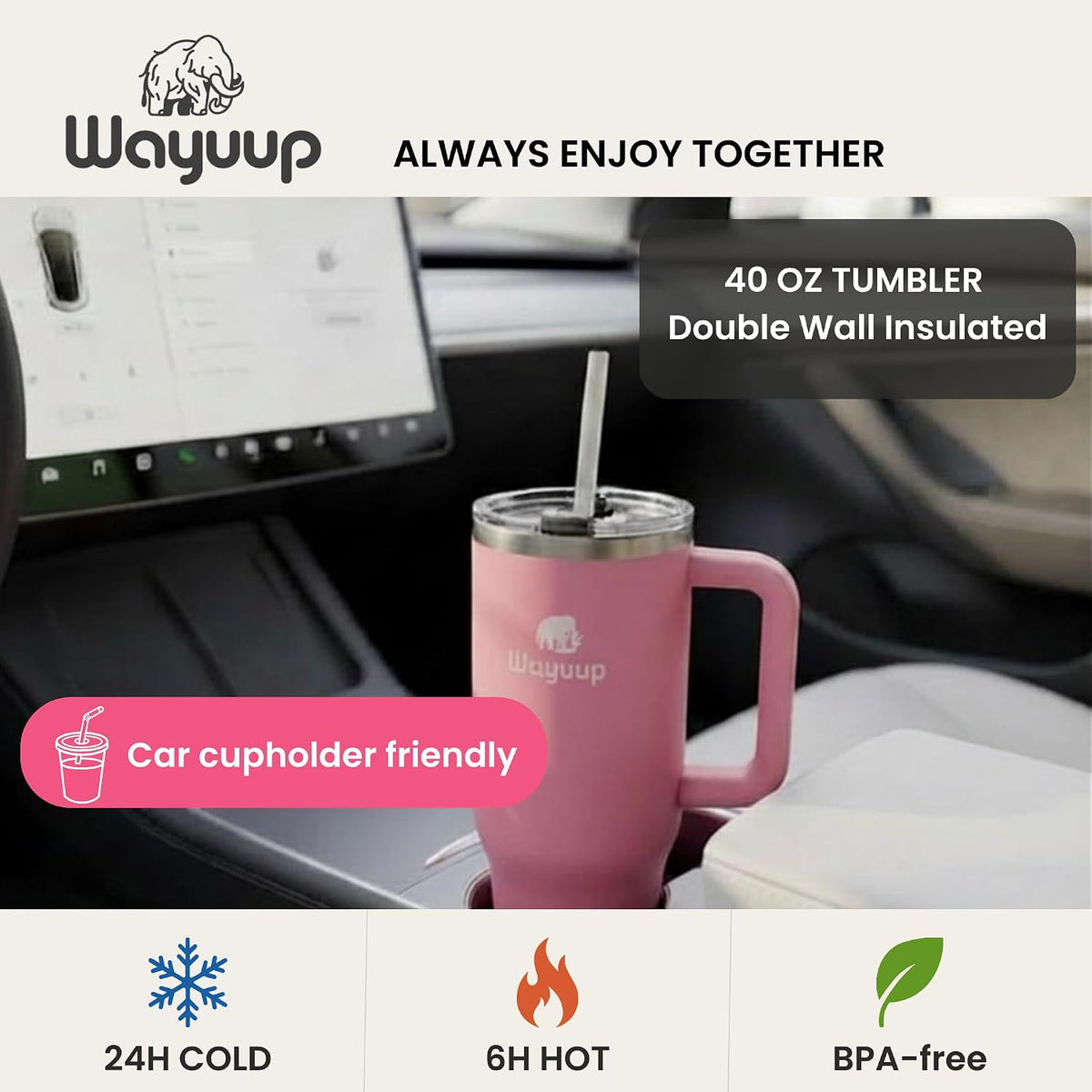 40 oz Tumbler with Handle and Straw Lid, Stainless Steel Vacuum Insulated Double Wall Water Bottle Leak-proof, Non Slip more than 24 Hrs or Hot for 6 Hrs (Flamingo), WPM40