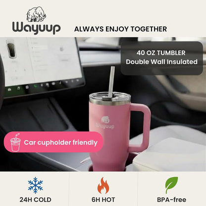 40 oz Tumbler with Handle and Straw Lid, Stainless Steel Vacuum Insulated Double Wall Water Bottle Leak-proof, Non Slip more than 24 Hrs or Hot for 6 Hrs (Flamingo), WPM40